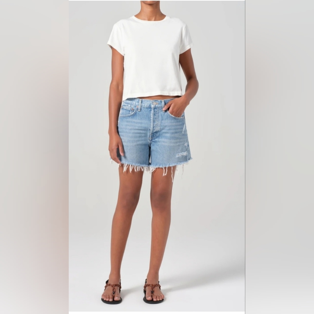 Agolde White and Blue Jean Shorts High-Waisted Frayed Hem